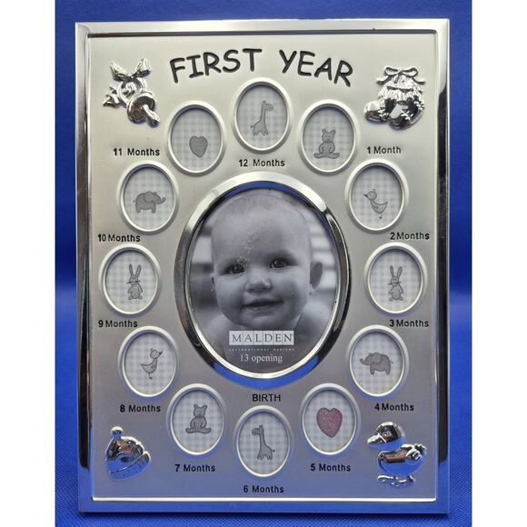 Malden BABY FIRST YEAR Photo Frame Silvertone 13 Openings 10x7.5" NEVER USED - Picture 1 of 8